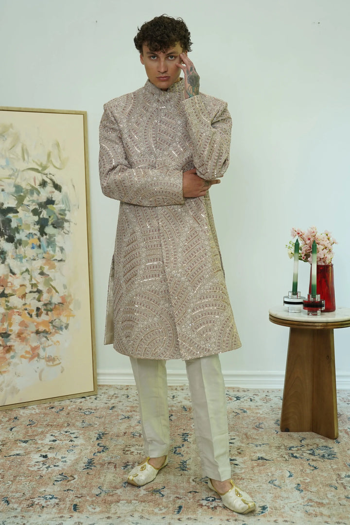 Champagne Radiance Sequin Sherwani Set - MyEthnikRentals