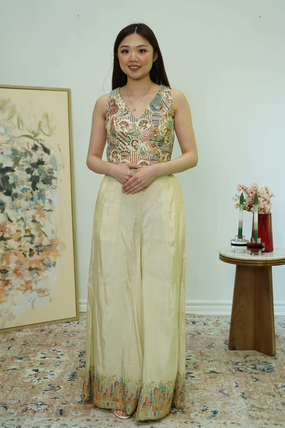 Ivory Embroidered Sleeveless Gharara Set (Outside Ontario) - MyEthnikRentals
