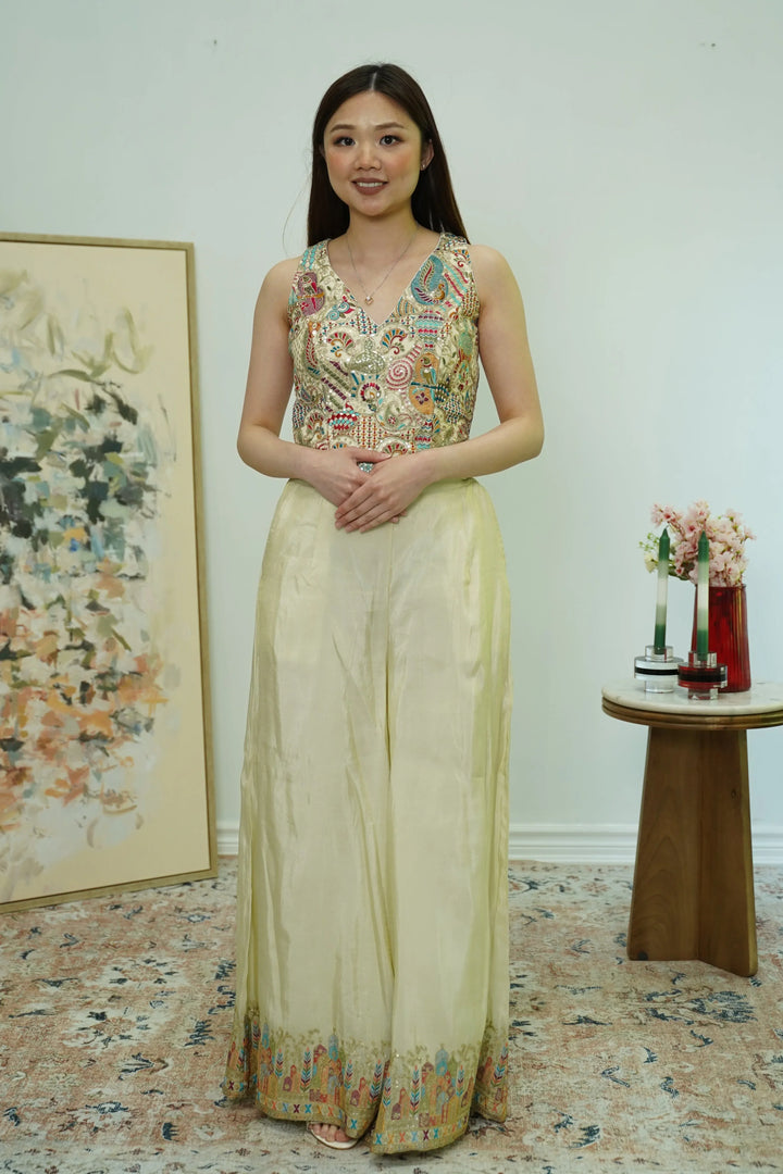 Ivory Embroidered Sleeveless Gharara Set - MyEthnikRentals