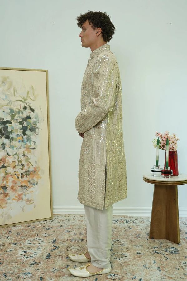 Ivory Mosaic Embroidered Sherwani Set (Outside Ontario) - MyEthnikRentals