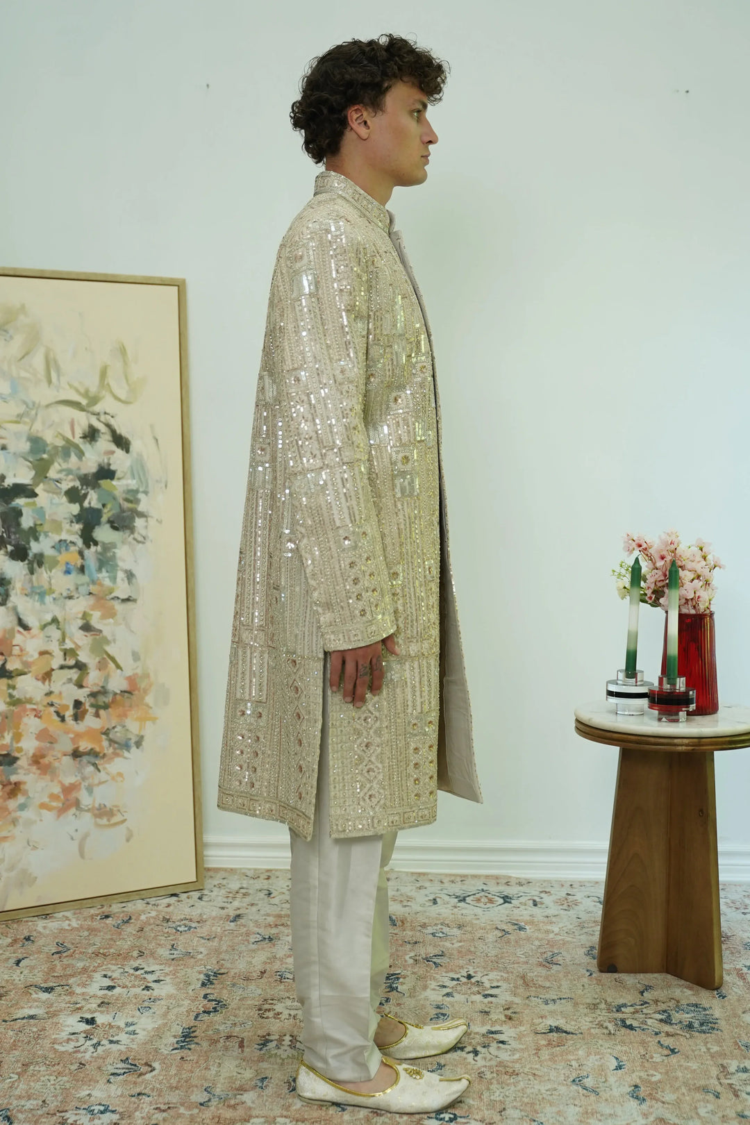 Ivory Mosaic Embroidered Sherwani Set - MyEthnikRentals