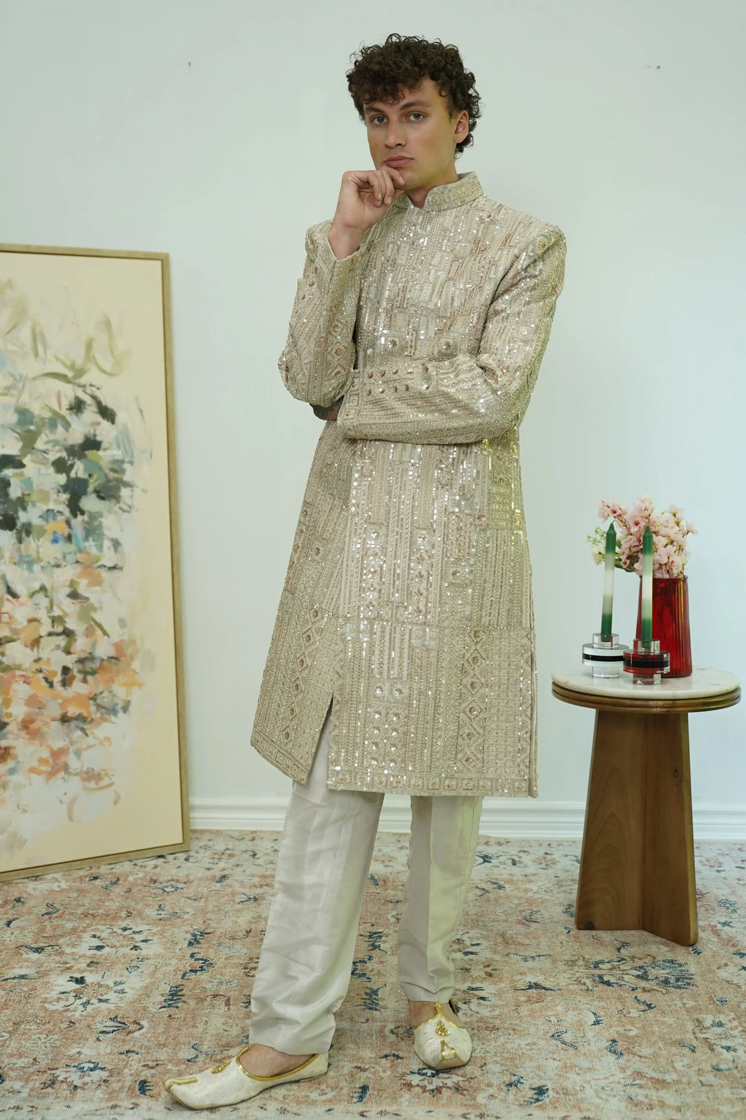 Ivory Mosaic Embroidered Sherwani Set - MyEthnikRentals