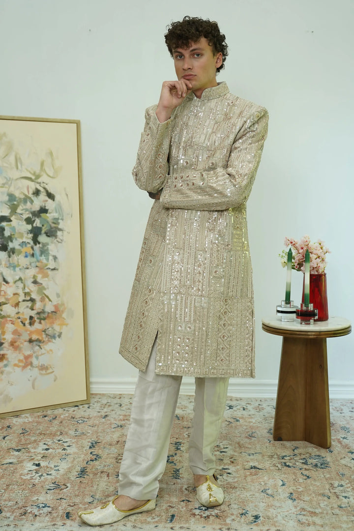 Ivory Mosaic Embroidered Sherwani Set - MyEthnikRentals