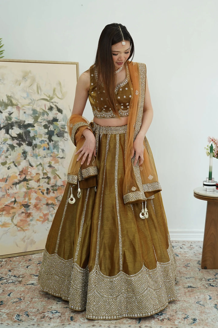 Golden Bronze Shimmer Lehenga - MyEthnikRentals