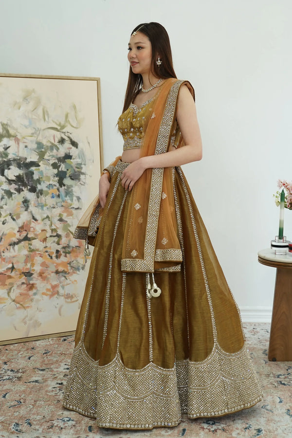 Golden Bronze Shimmer Lehenga (Outside Ontario) - MyEthnikRentals