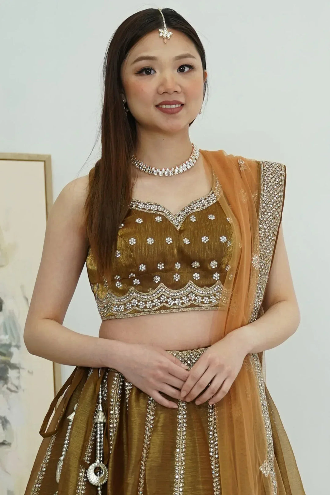 Golden Bronze Shimmer Lehenga - MyEthnikRentals
