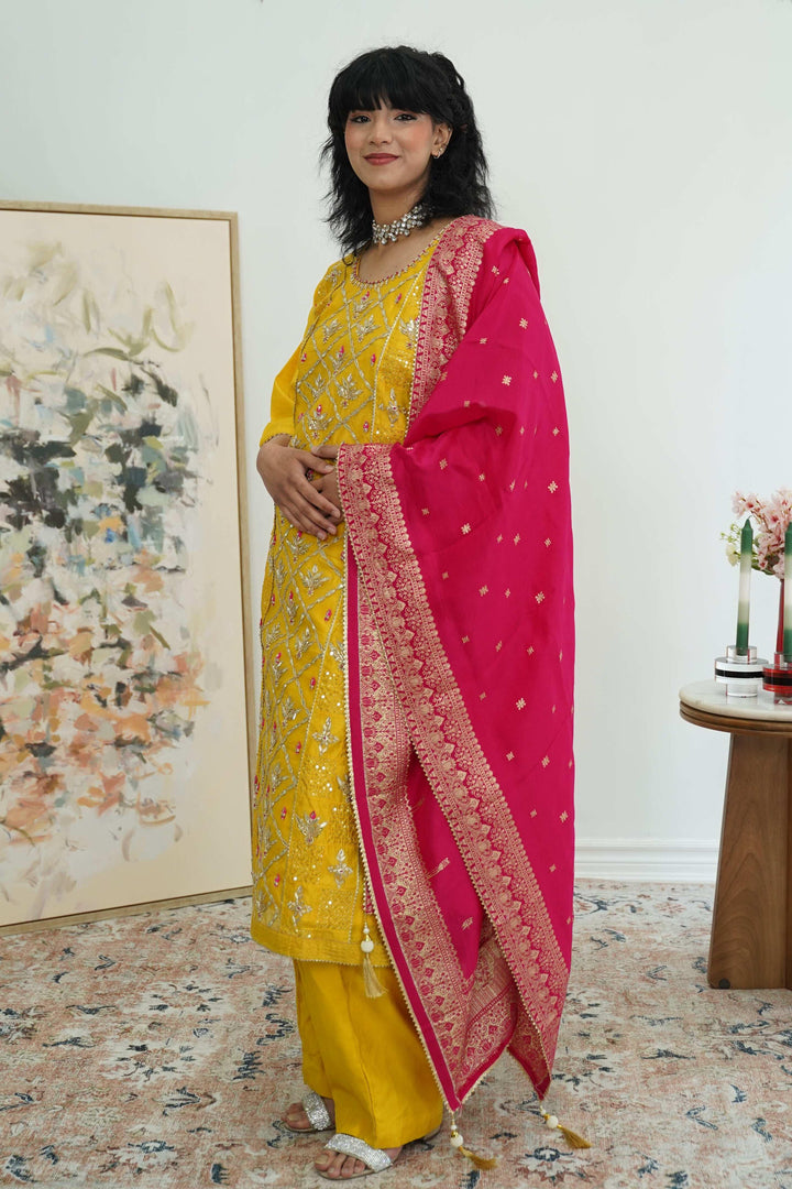 Sunlit Mustard Mirrorwork Salwar Kameez (Outside Ontario) - MyEthnikRentals