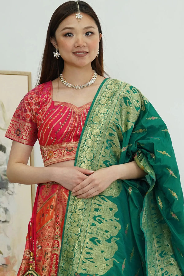 Pink Red Banarasi Lehenga (Outside Ontario) - MyEthnikRentals