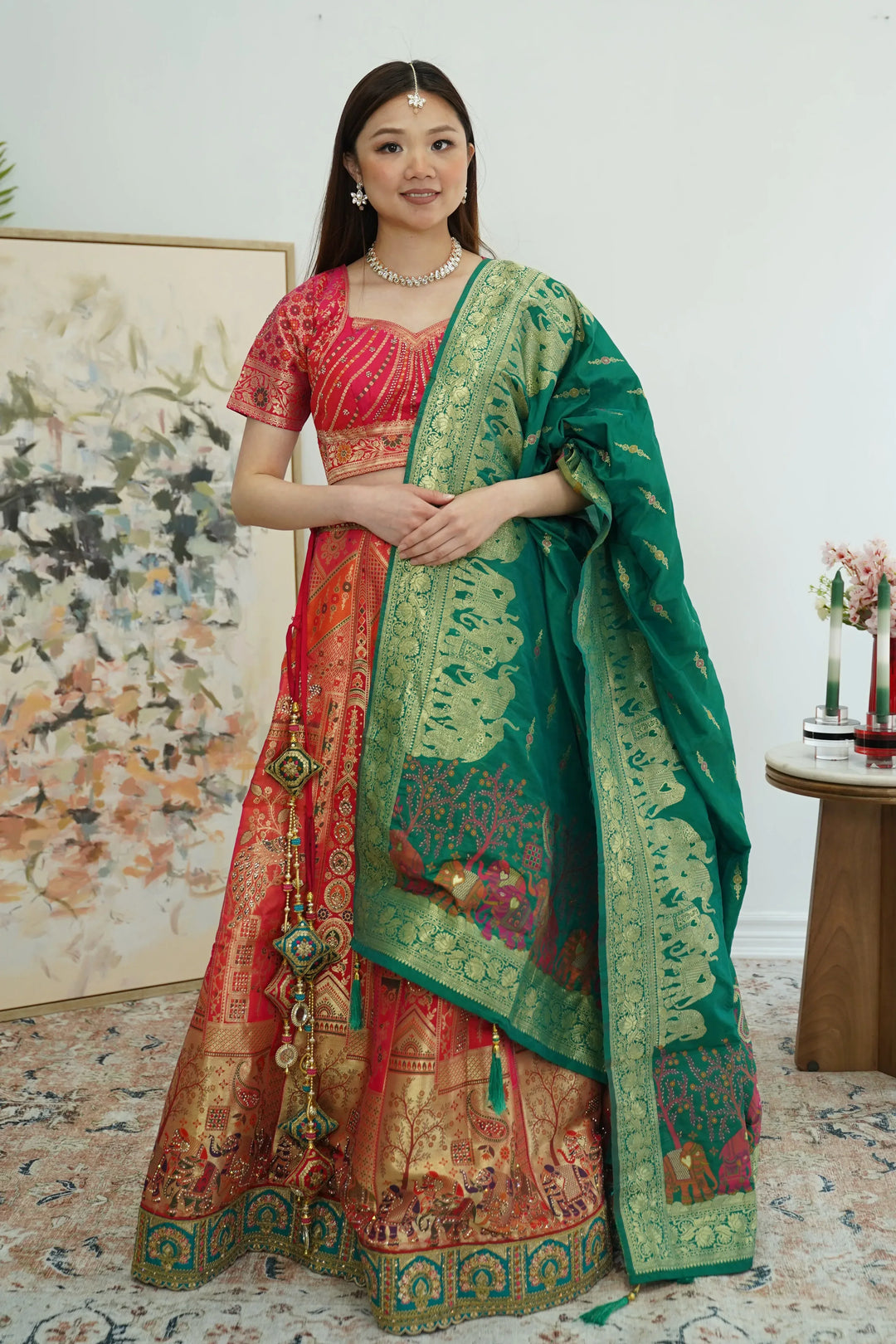 Pink Red Banarasi Lehenga - MyEthnikRentals