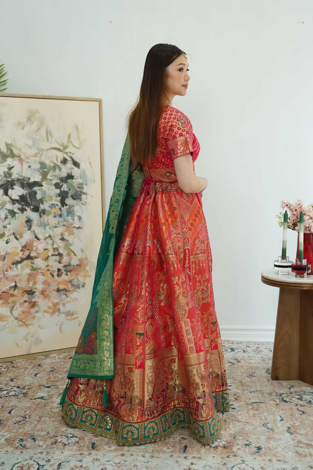 Pink Red Banarasi Lehenga - MyEthnikRentals