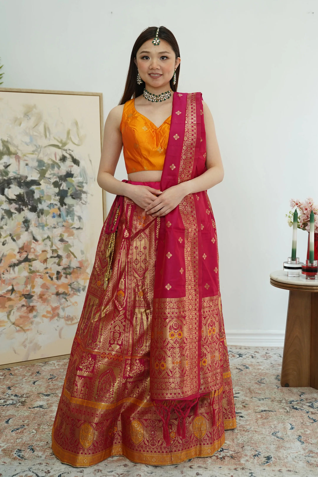 Pink Yellow Banarasi Lehenga (Outside Ontario) - MyEthnikRentals