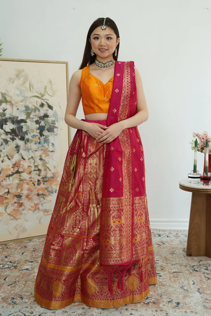 Pink Yellow Banarasi Lehenga (Outside Ontario) - MyEthnikRentals