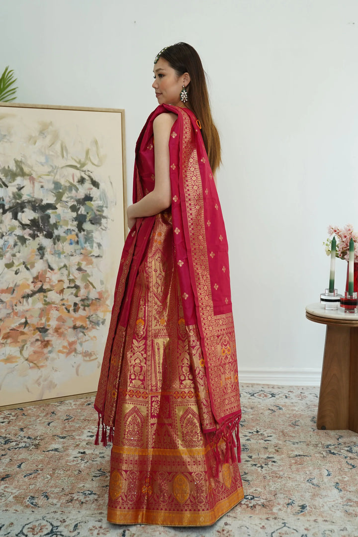 Pink Yellow Banarasi Lehenga (Outside Ontario) - MyEthnikRentals