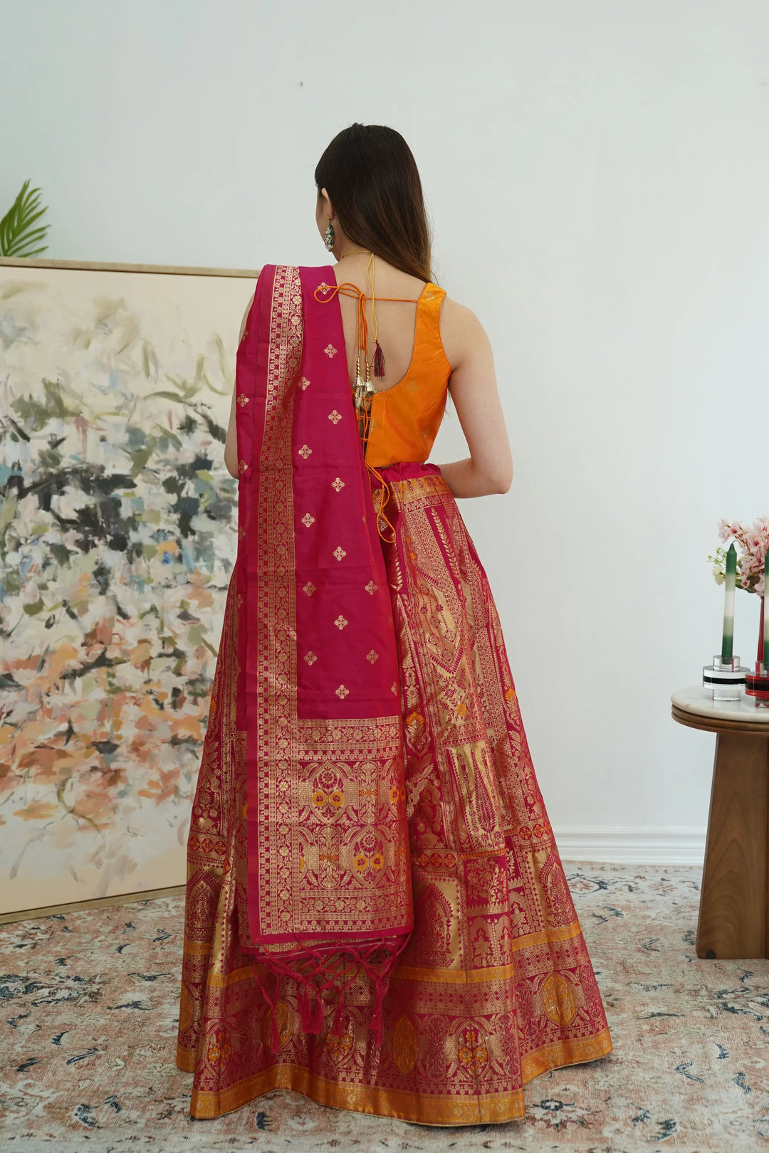 Pink Yellow Banarasi Lehenga (Outside Ontario) - MyEthnikRentals