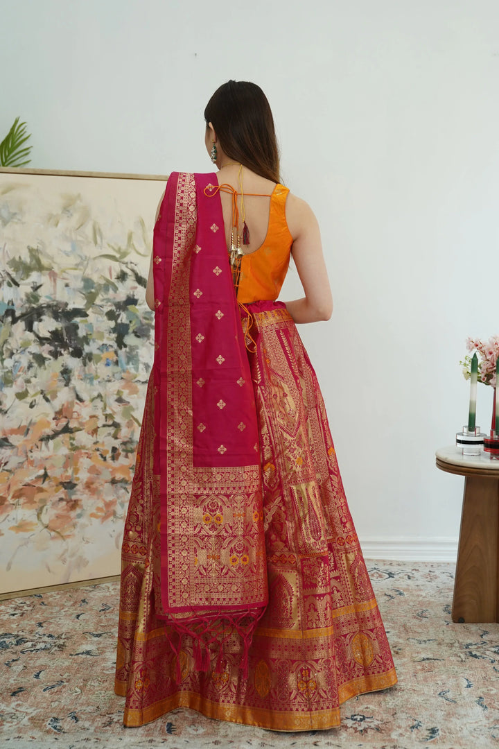 Pink Yellow Banarasi Lehenga (Outside Ontario) - MyEthnikRentals