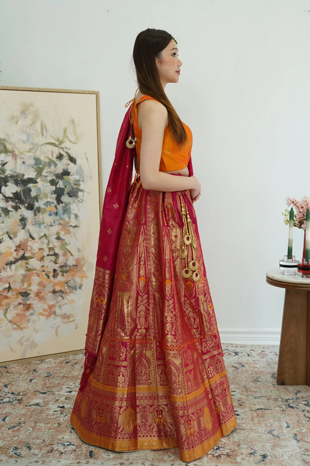 Pink Yellow Banarasi Lehenga (Outside Ontario) - MyEthnikRentals