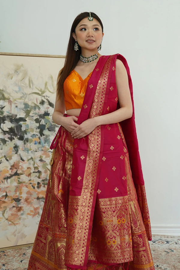 Pink Yellow Banarasi Lehenga - MyEthnikRentals