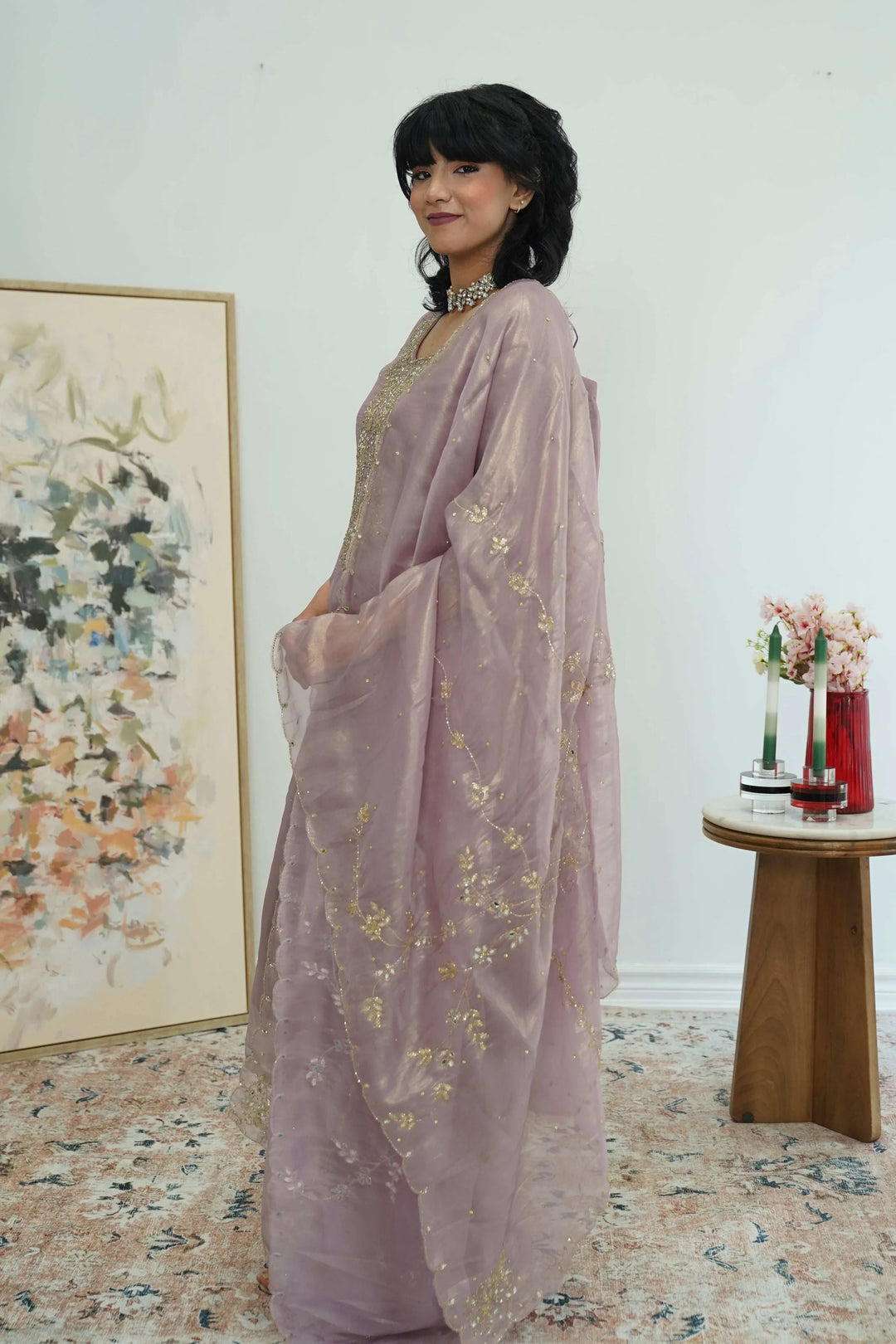 Dusty Rose Embroidered Organza Salwar Kameez (Outside Ontario) - MyEthnikRentals