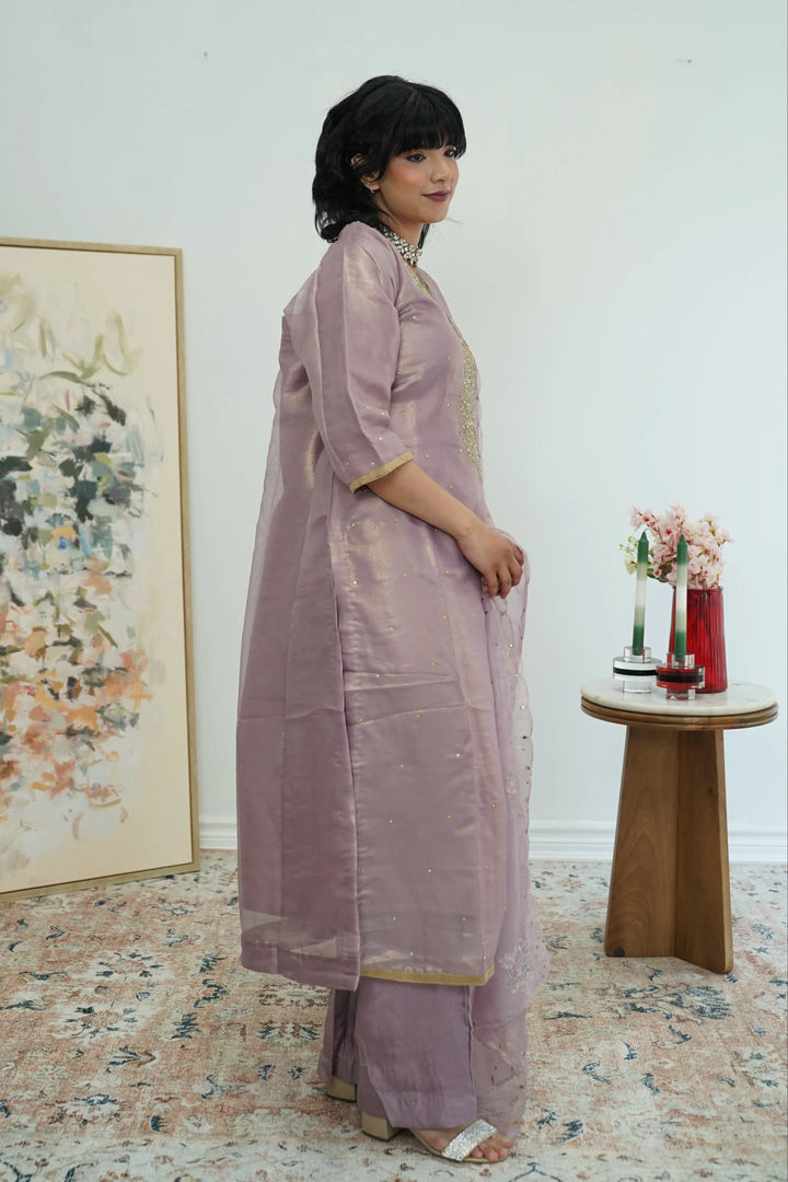 Dusty Rose Embroidered Organza Salwar Kameez - MyEthnikRentals