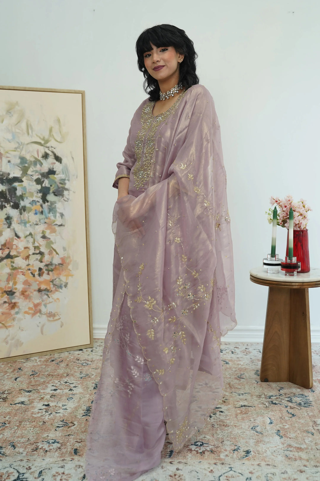 Dusty Rose Embroidered Organza Salwar Kameez - MyEthnikRentals