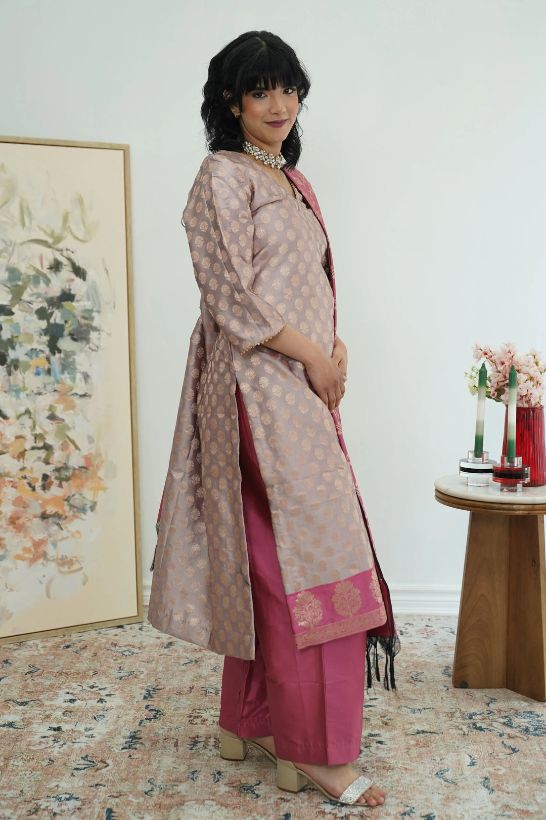 Rosy Mauve Banarasi Salwar Kameez Set - MyEthnikRentals