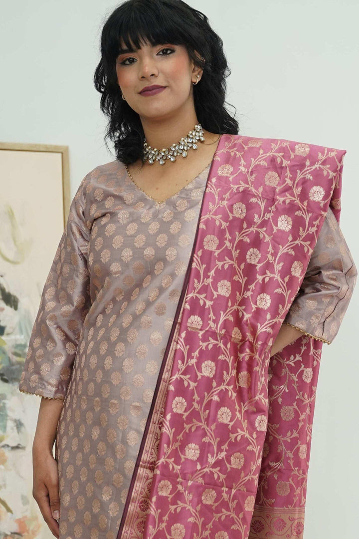 Rosy Mauve Banarasi Salwar Kameez Set (Outside Ontario) - MyEthnikRentals