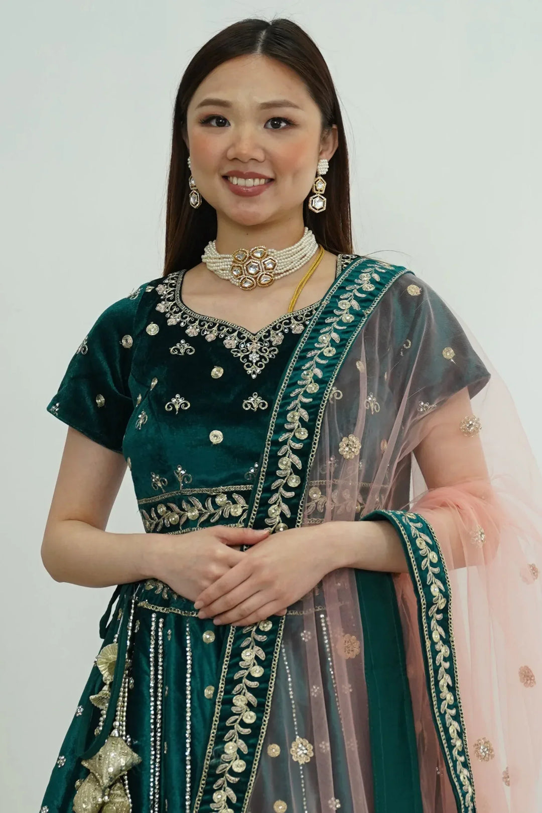 Emerald Grace Velvet Lehenga - MyEthnikRentals