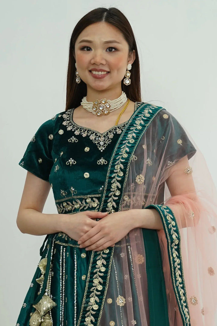 Emerald Grace Velvet Lehenga - MyEthnikRentals