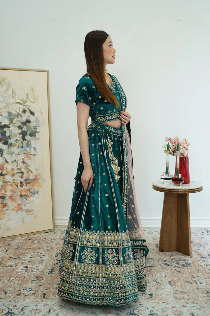 Emerald Grace Velvet Lehenga - MyEthnikRentals