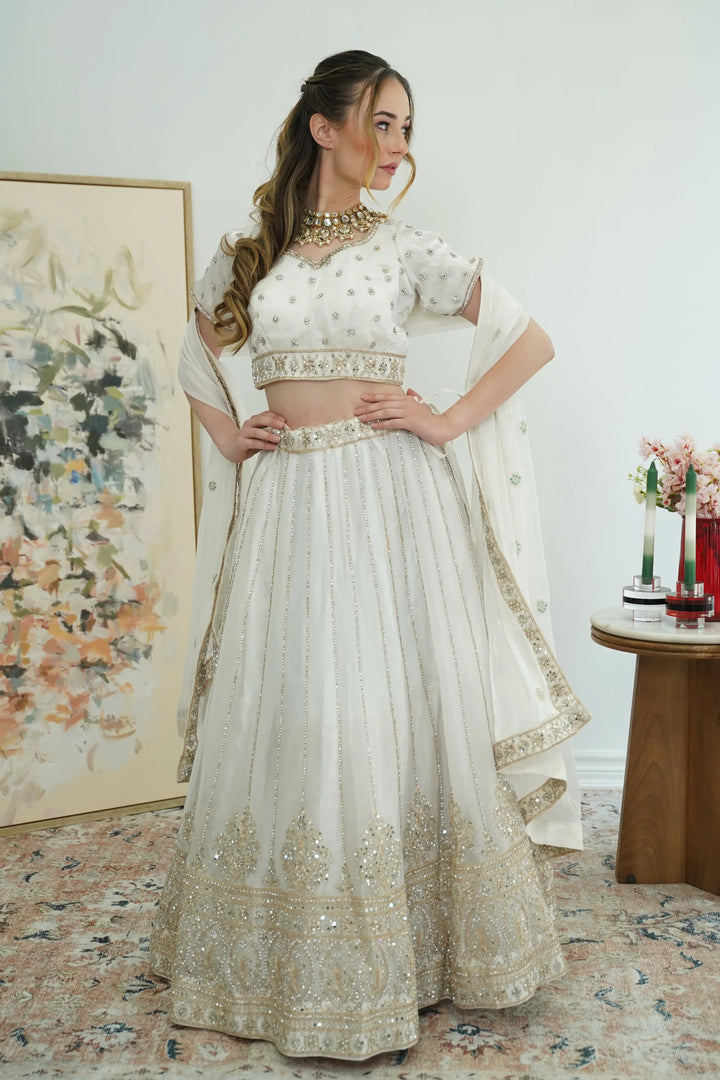 Pristine White Gold Lehenga - MyEthnikRentals
