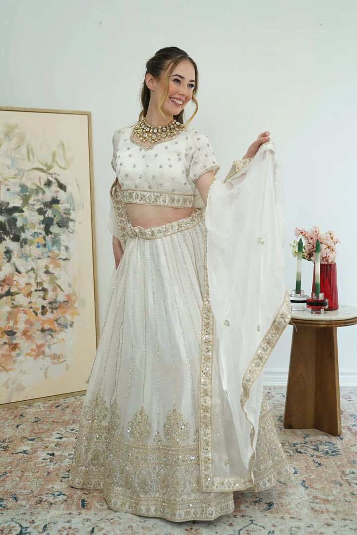 Pristine White Gold Lehenga - MyEthnikRentals