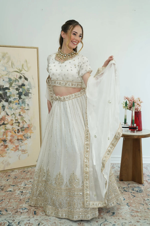 Pristine White Gold Lehenga (Outside Ontario) - MyEthnikRentals