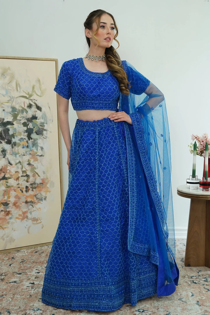 Electric Blue Mirror Lehenga - MyEthnikRentals