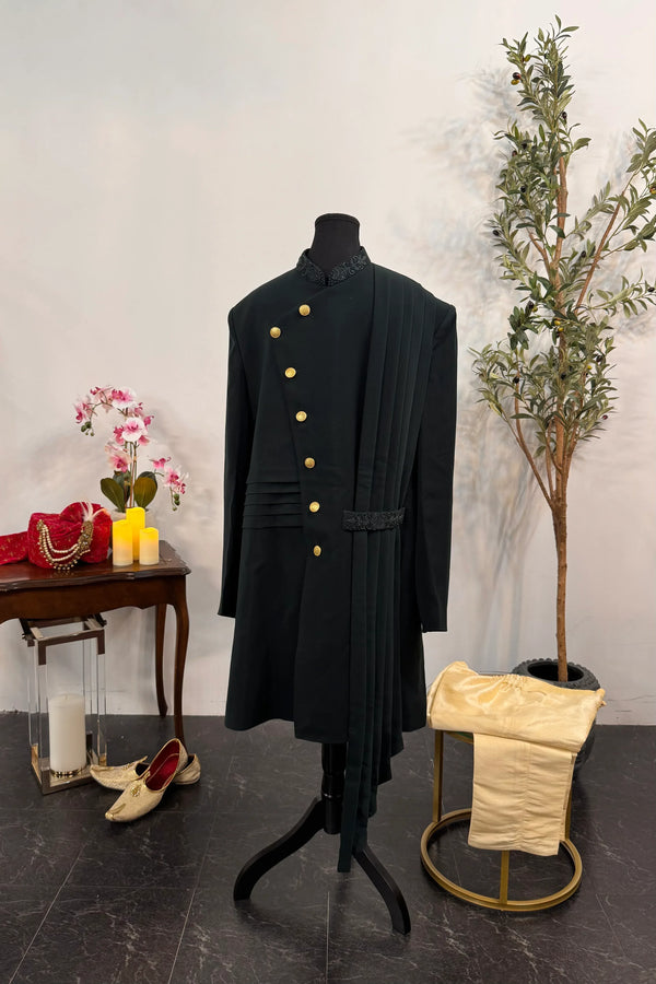 Dark Green with green embroidered collar Indo-western Set - MyEthnikRentals