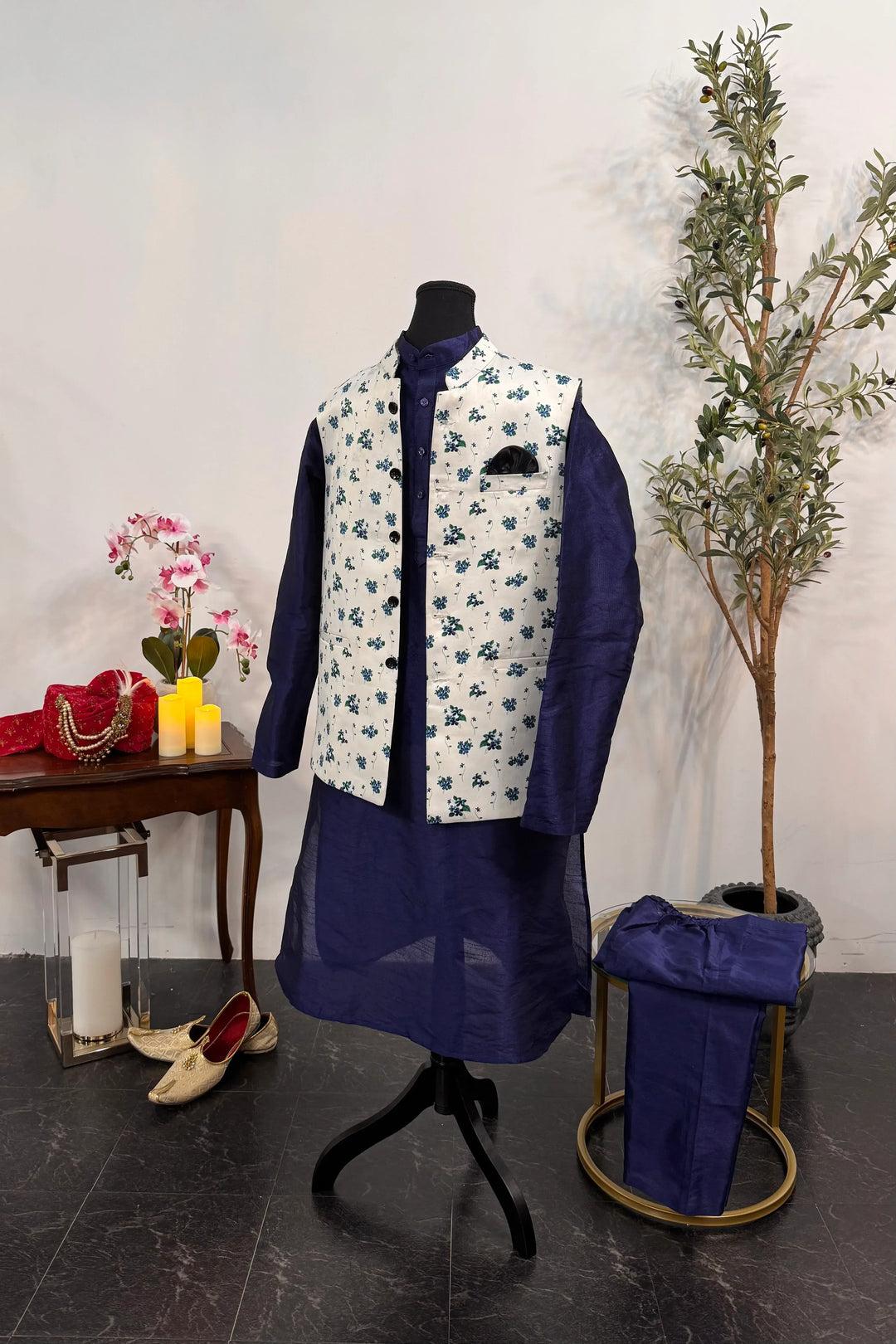 Dark Blue Kurta Pajama with Nehru Jacket - MyEthnikRentals