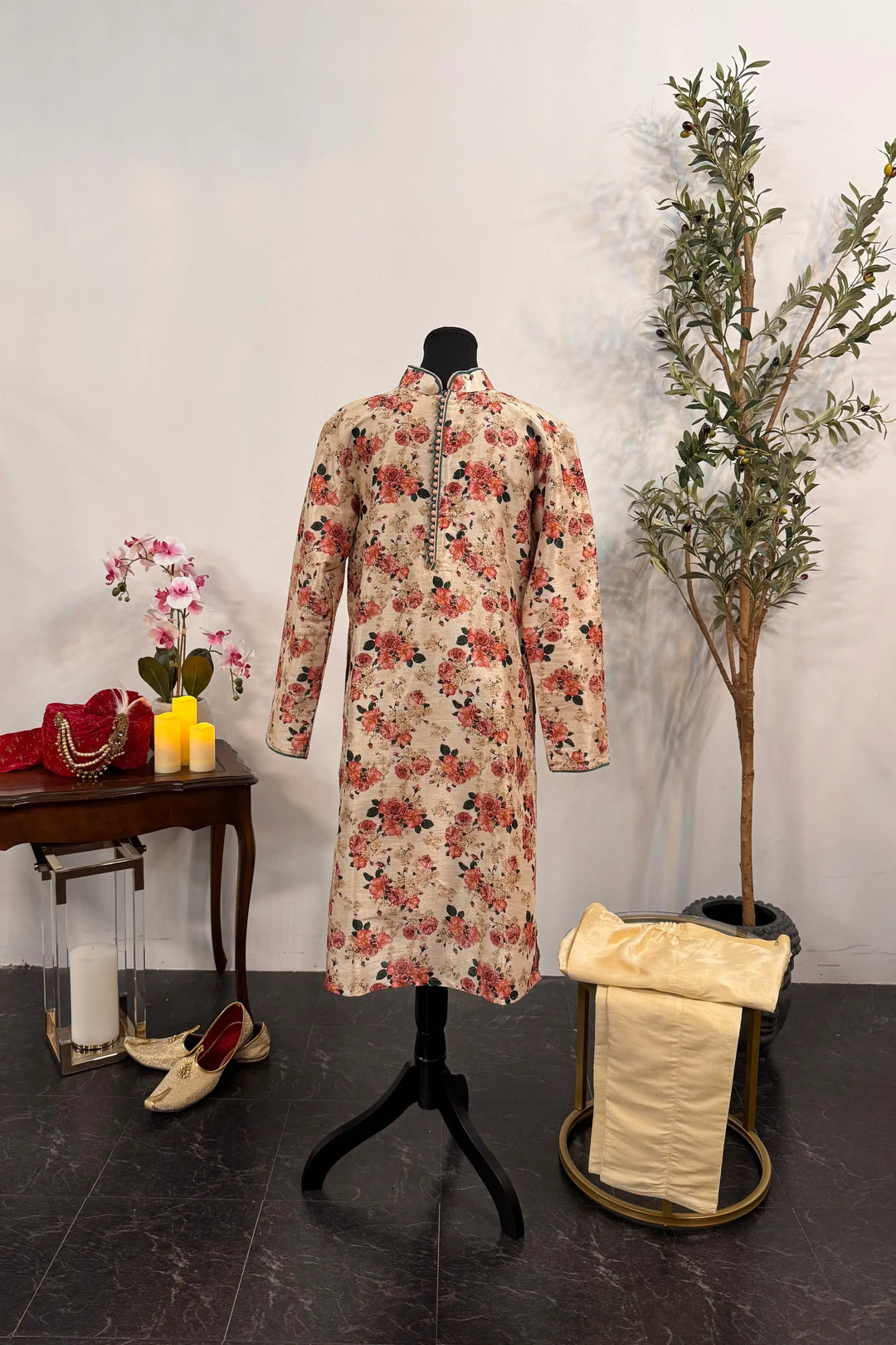 Off White Floral Kurta Pajama - MyEthnikRentals