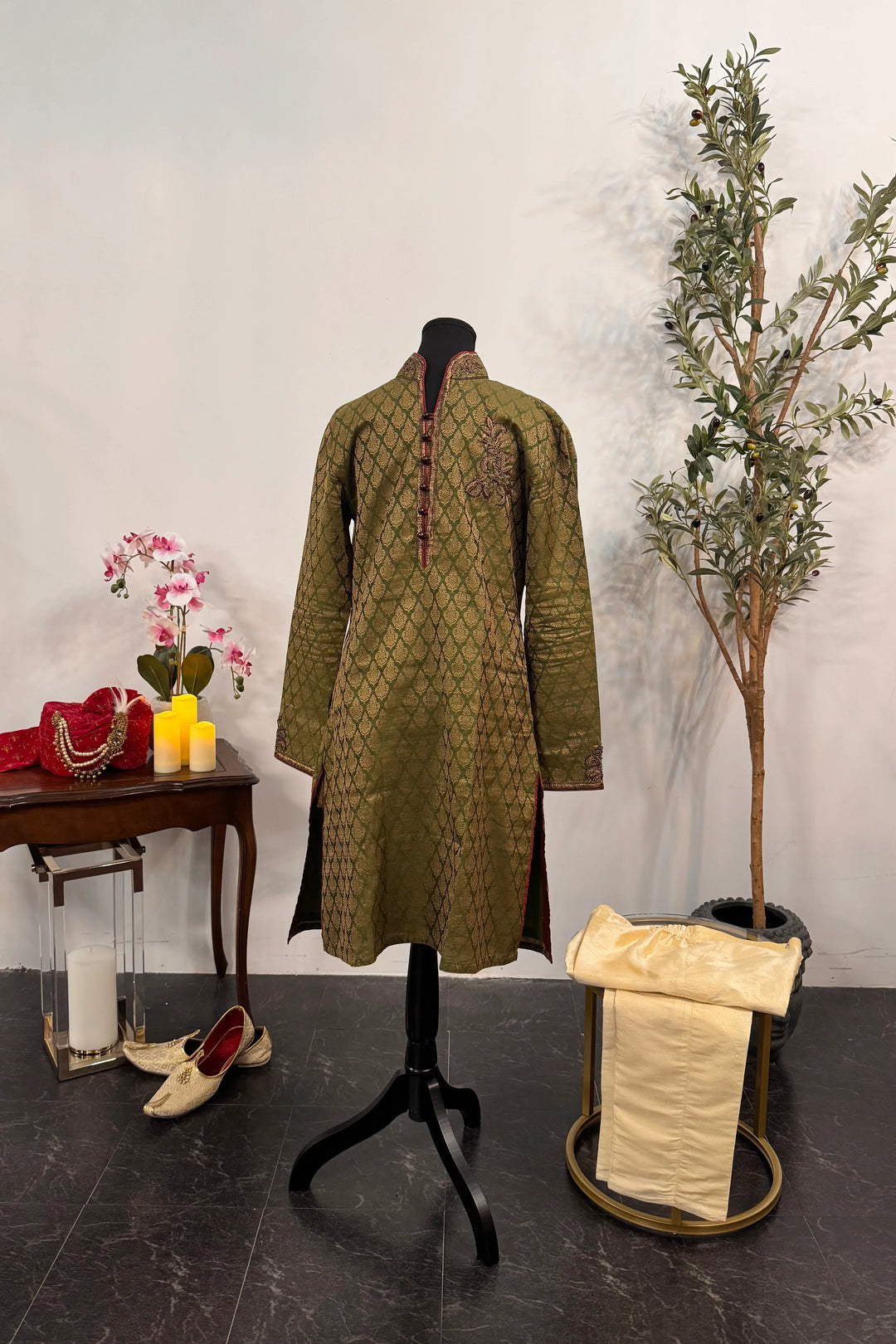Green Brocade Kurta Pajama - MyEthnikRentals