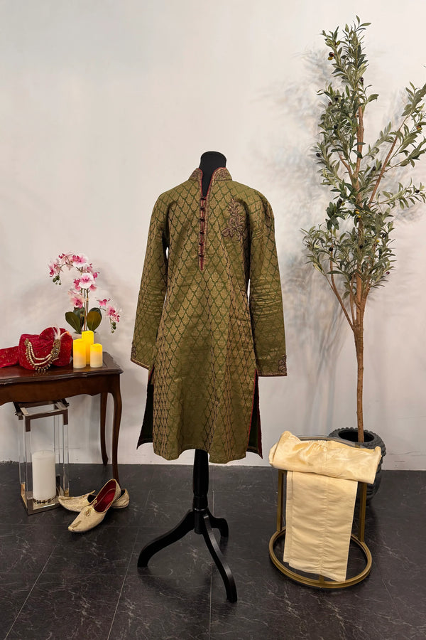 Green Brocade Kurta Pajama (Outside Ontario) - MyEthnikRentals