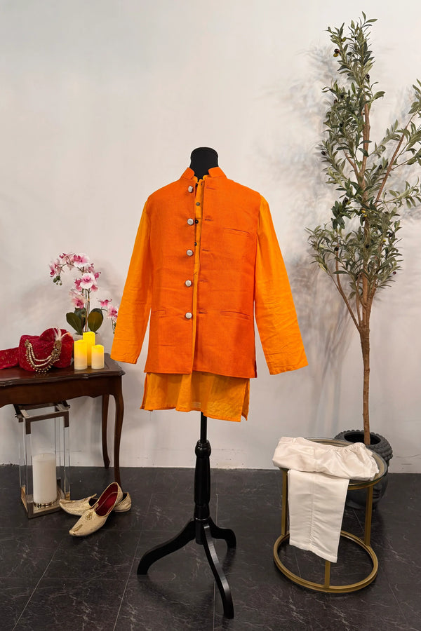 Yellow Kurta Pajama with Saffron Jacket (Outside Ontario) - MyEthnikRentals