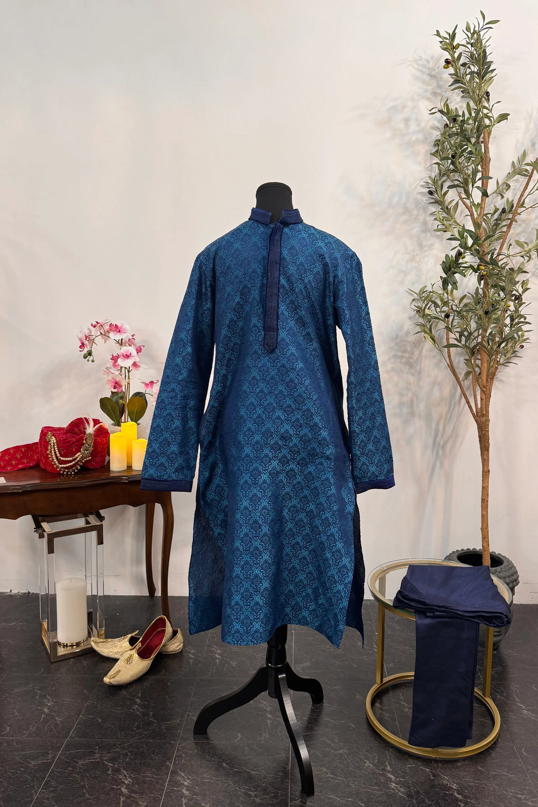 Aqua Blue Brocade Kurta Pajama - MyEthnikRentals