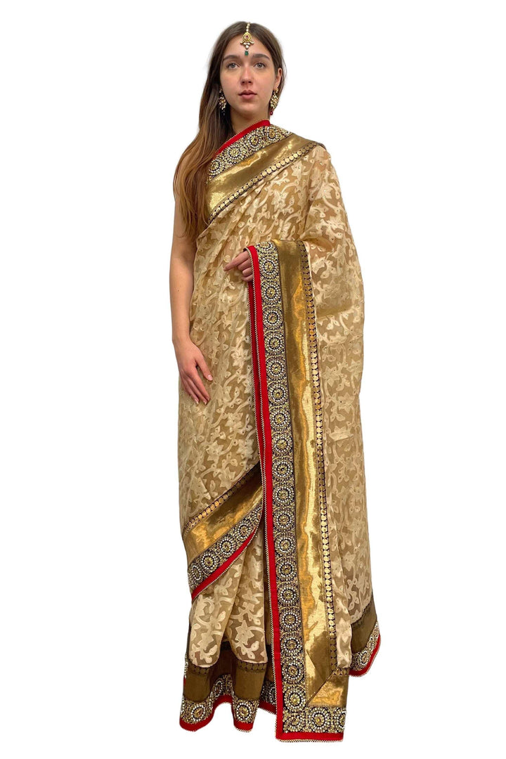 Ivory Gold Embroidery Saree - MyEthnikRentals