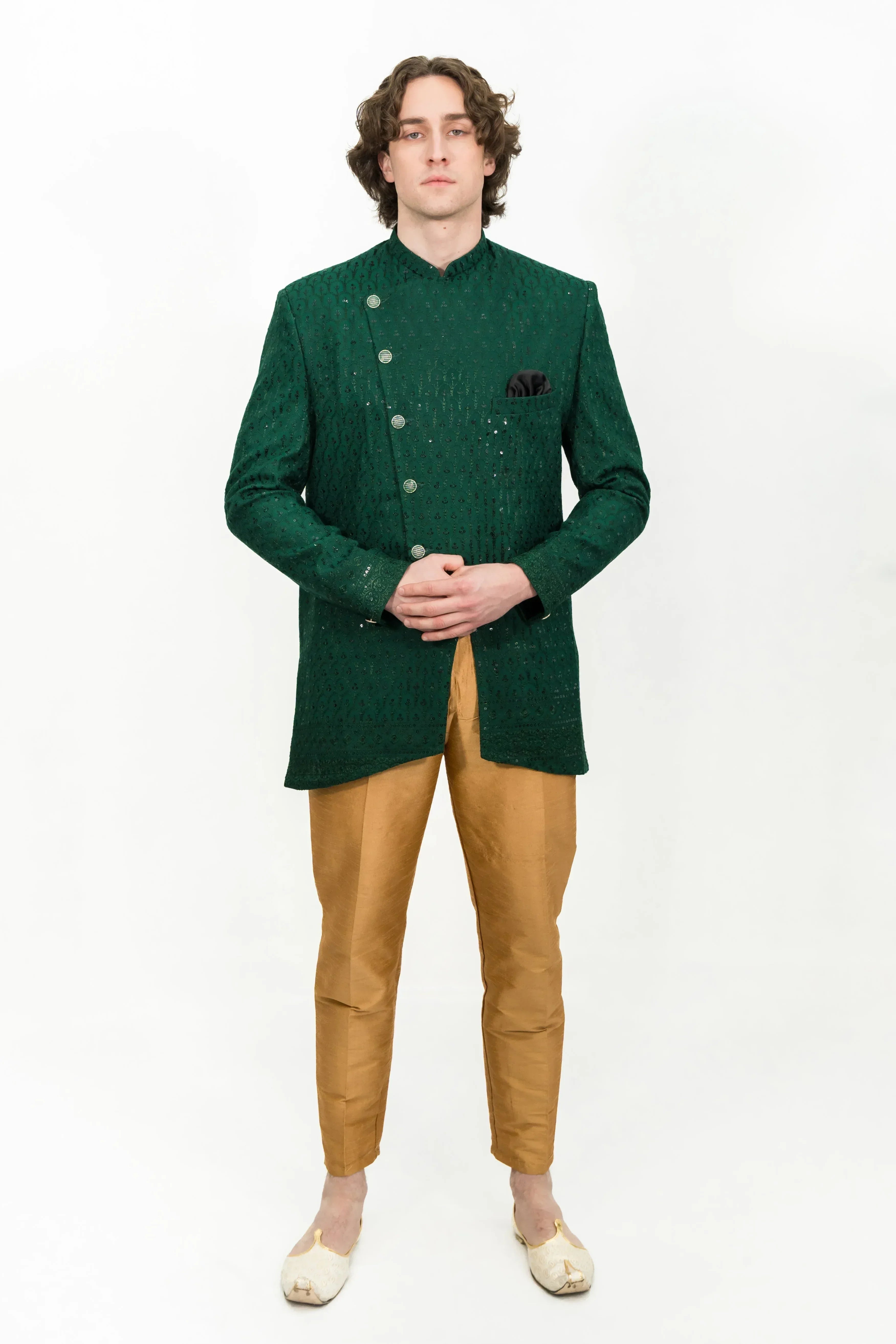 Deep Green Sequinned Indo-western Set (Size 44)