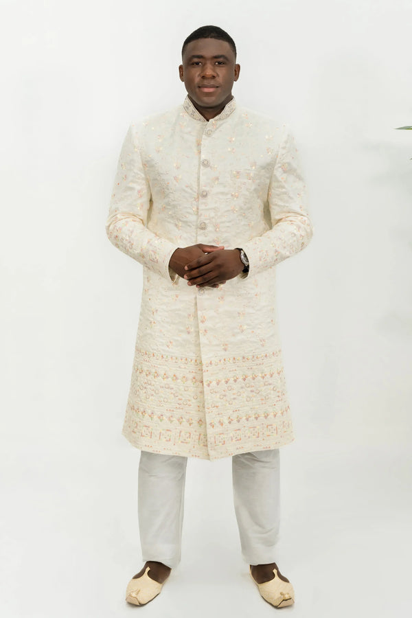 Off-White Floral Embroidered Sherwani (Outside Ontario) - MyEthnikRentals