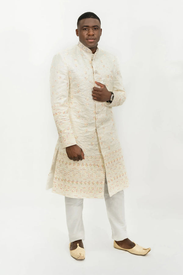 Off-White Floral Embroidered Sherwani (Outside Ontario) - MyEthnikRentals