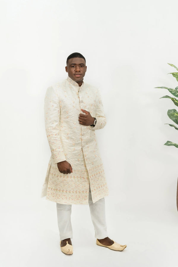 Off-White Floral Embroidered Sherwani (Outside Ontario) - MyEthnikRentals