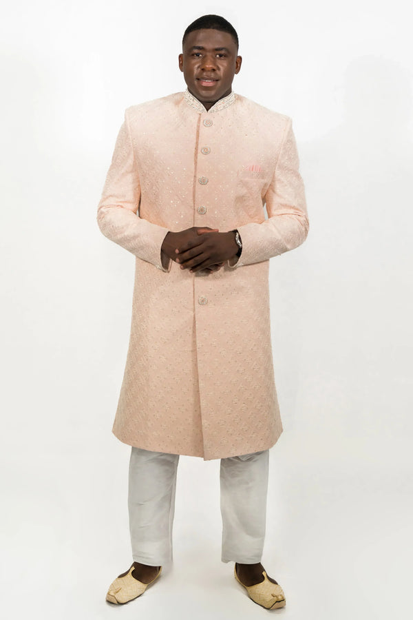 Soft Pastel Peach Embroidered Sherwani - MyEthnikRentals