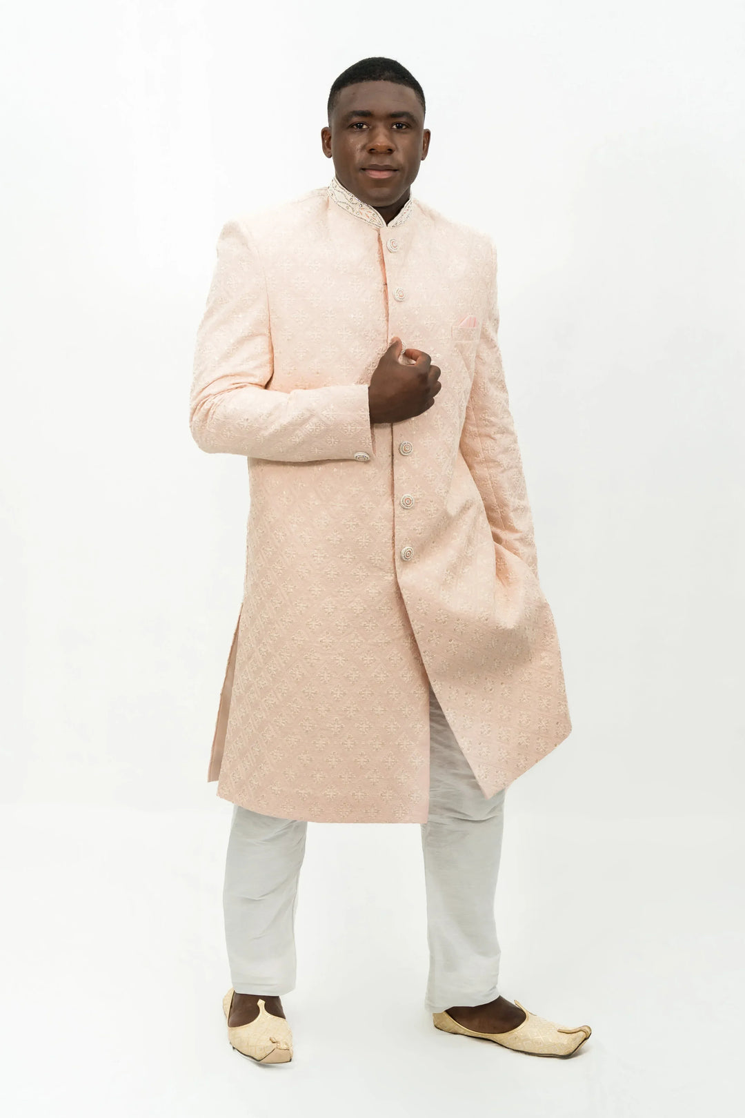 Soft Pastel Peach Embroidered Sherwani (Outside Ontario) - MyEthnikRentals