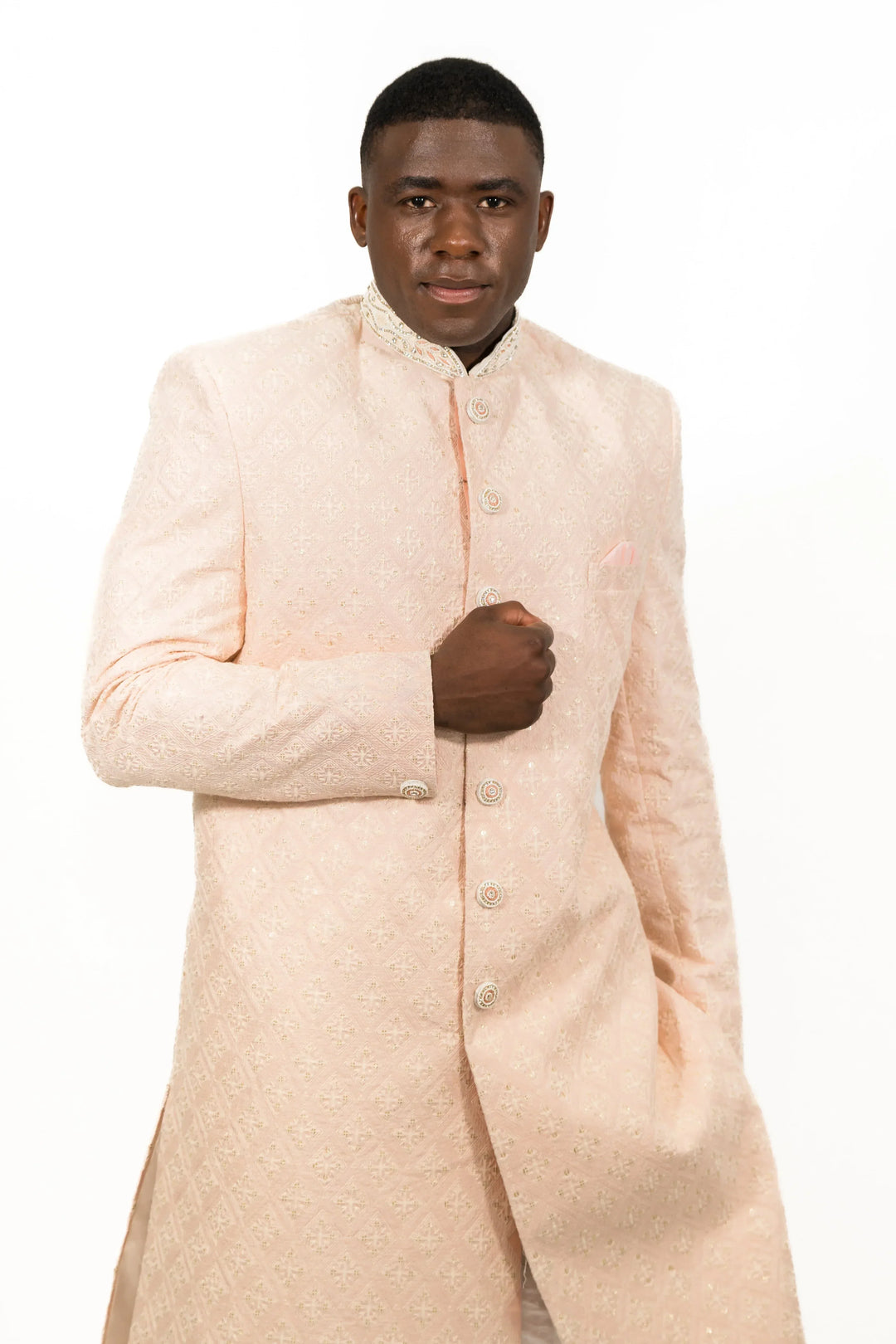 Soft Pastel Peach Embroidered Sherwani (Outside Ontario) - MyEthnikRentals