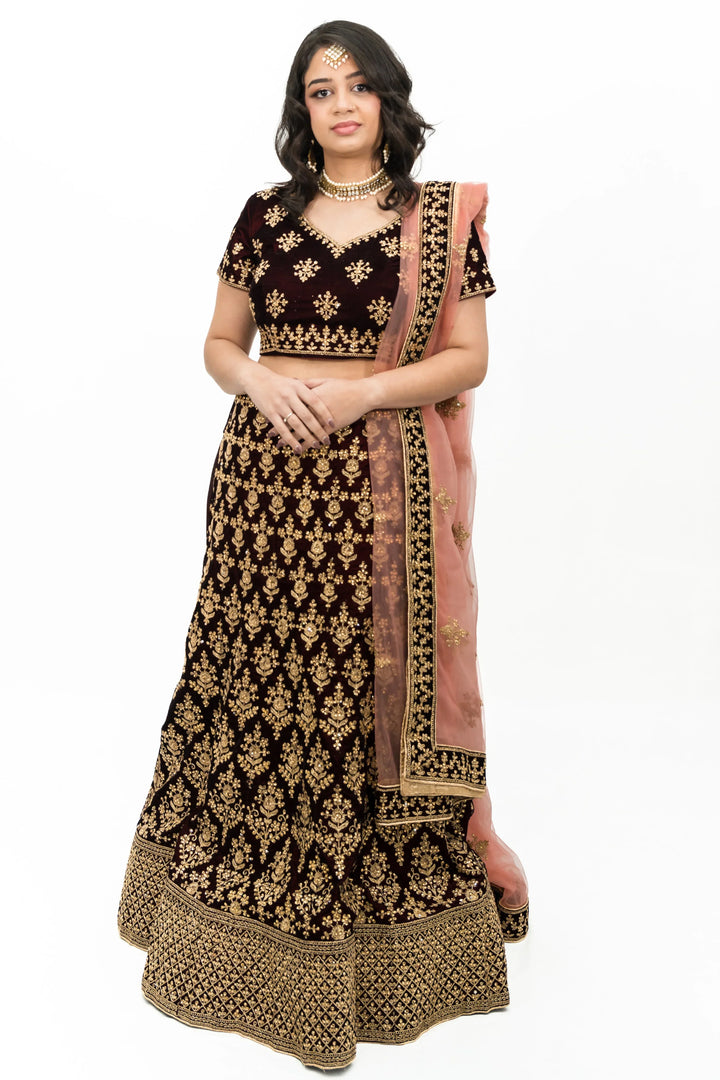 Maroon Soft Velvet lehenga - MyEthnikRentals