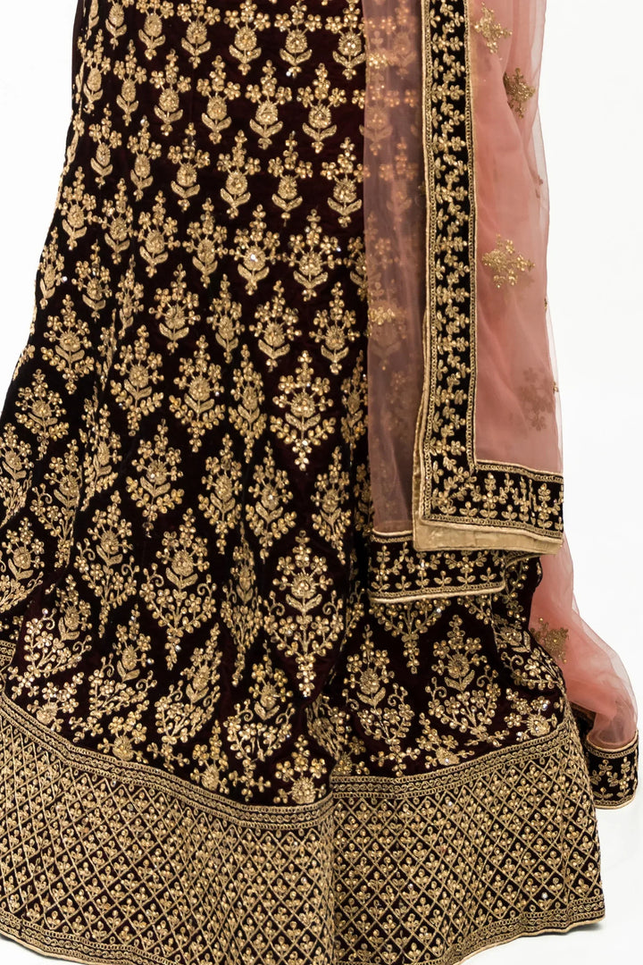 Maroon Soft Velvet lehenga - MyEthnikRentals